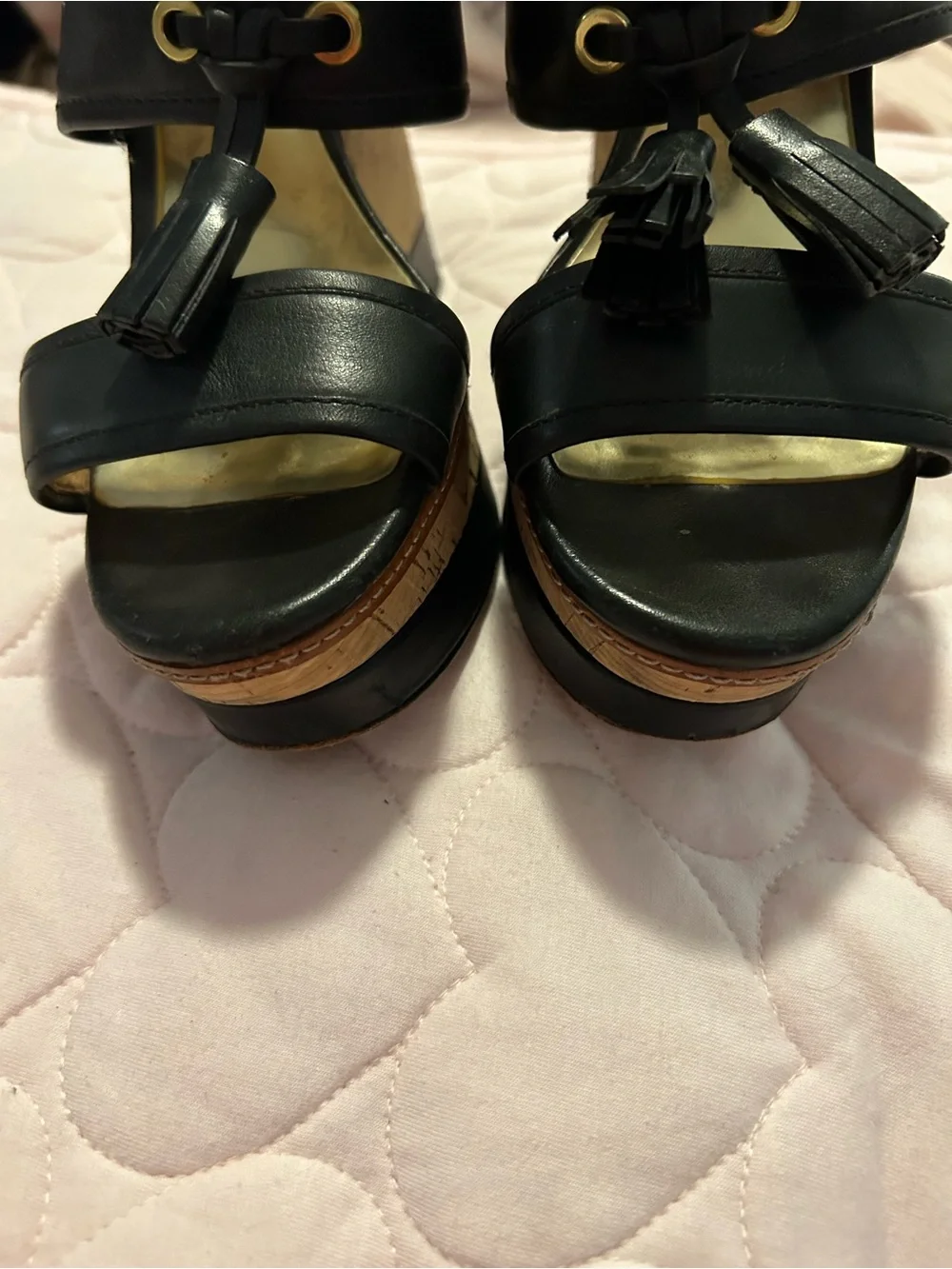 Coach Black Leather Tassel Platform Sandals with Gold Accents